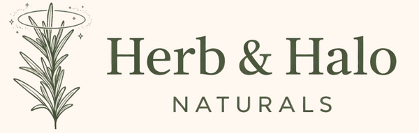 Logo of Herb & Halo Naturals with a stylized plant on a white background